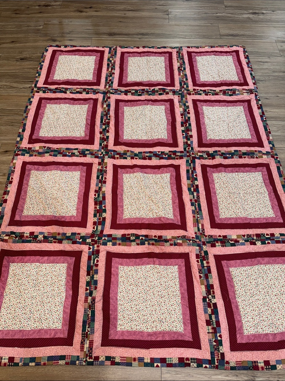 Handmade Country Burgundy Pink Floral Heart Patchwork Quilt